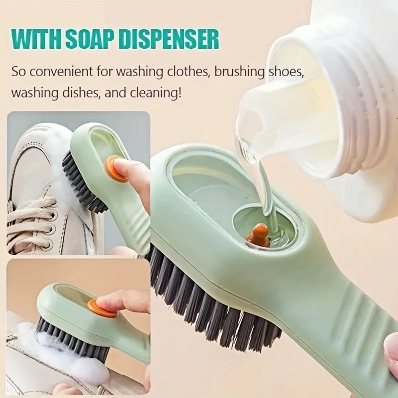 Press-Type Liquid Dispensing Shoe Brush – Multifunctional Soft Bristle Cleaning Brush with Soap Dispenser, Gentle Scrubber for Shoes, Laundry & Home, No-Damage Design